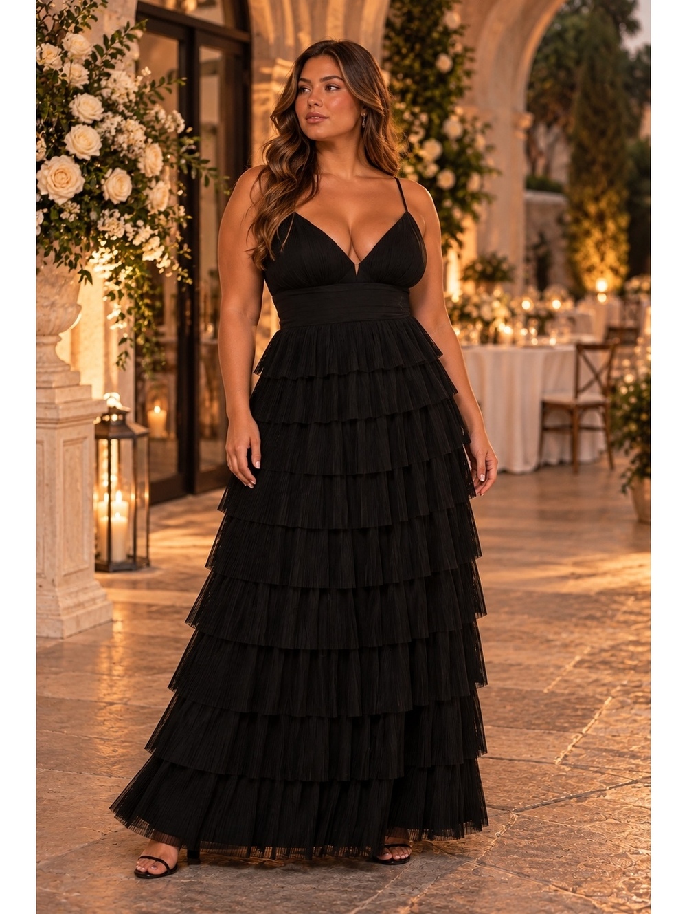 NWT Lulus Radiant Event Black Mesh Tiered Backless Maxi Dress Large